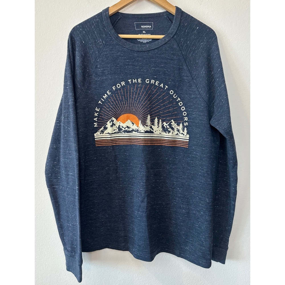 Sonoma Mens XL Waffle Knit Thermal Shirt Navy Granola Great Outdoors Graphic